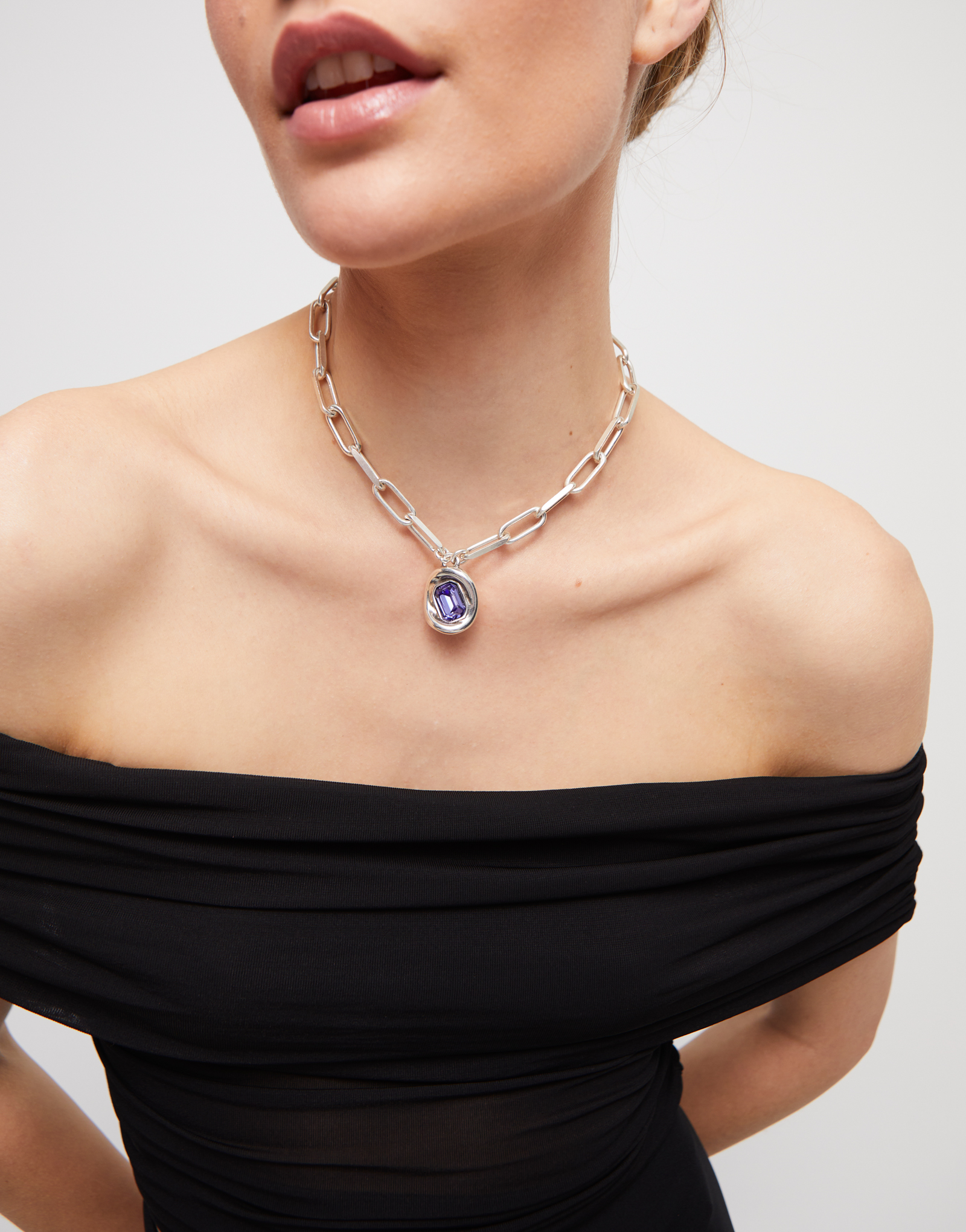 Short link chain pendant necklace purple crystal, Silver, large thumbnail